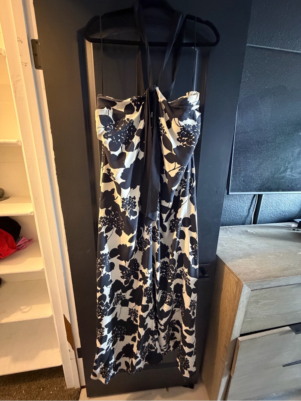 Black & White Floral Halter Maxi Dress - Women's